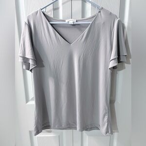 Calvin Klein Light Gray V-Neck Blouse with Ruffle Sleeves Size XL